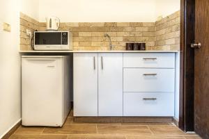 W kuchni znajduje się biała lodówka i kuchenka mikrofalowa. w obiekcie Nof glili Mansion w mieście Jawne’el