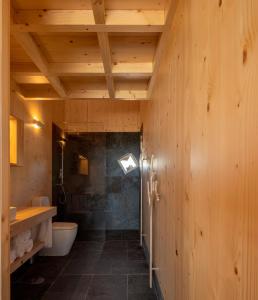 bagno con pareti in legno, servizi igienici e lavandino di QUINTA DA FAÍSCA - Agro Turismo a Favaios