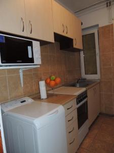 シビウにあるPresident Apartmentの小さなキッチン(電子レンジ、食器洗い機付)