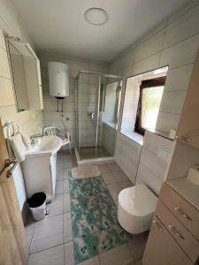 y baño con lavabo, aseo y ducha. en Guest House Vučeta en Slunj