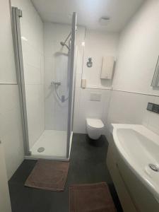 a bathroom with a shower and a toilet and a sink at Joanna Apartment - MA City 2 in Mannheim