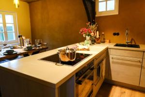 uma cozinha com um fogão e uma panela no fogão em Ferienhaus Das Dömchen em Esch