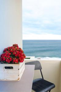 メレナラにあるEl Refugio de Pilarの海の横のテーブルの上に赤い花が並ぶ木箱