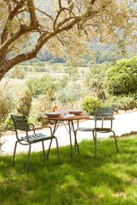 a table and two chairs in the grass under a tree at La Bastide du Mourre in Oppède