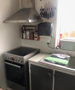 cocina pequeña con fogones y microondas en West-Reykjavik Apartment en Reikiavik