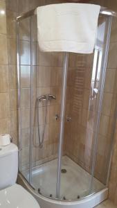 uma casa de banho com um chuveiro, um WC e uma toalha em APARTHOTEL "Apartamenty KORONA" w Cieplicach przy basenach Termy Cieplickie koronacieplic,pl em Jelenia Góra