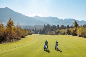 twee mensen die golfen op een golfbaan bij Marias Alpen Apartment in Brixen im Thale
