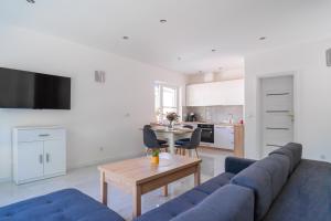 a living room with a blue couch and a table at Apartamenty Olchowa z tarasem w spokojnej okolicy - Dream Apart in Ustroń