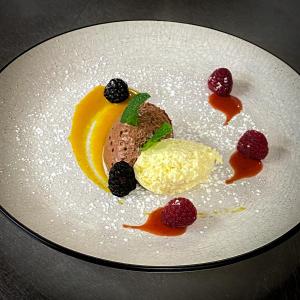 a plate with a dessert with fruit and sauce at SONNE Wilhams in Missen-Wilhams