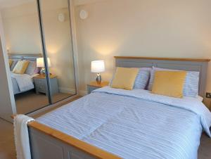 um quarto com uma cama grande e um espelho em Barchester House Apartments Delux em Salisbury