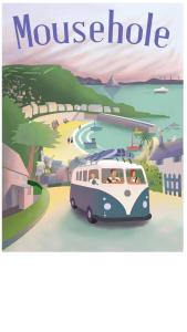 een poster van een busje dat langs een strand rijdt bij The Seawitch - harbourside apartment in Mousehole