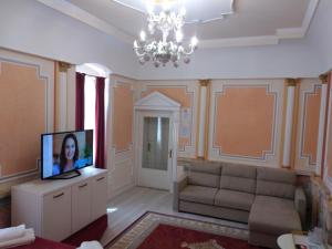 a living room with a couch and a television at Pensiunea Casa Rusu in Baia Mare