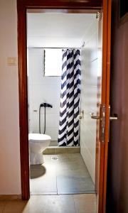 a bathroom with a toilet and a shower curtain at Electra apartment Agia Triada in Agia Triada