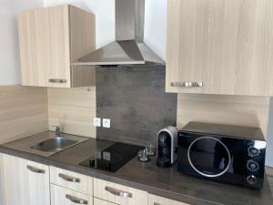 a kitchen with a microwave and a sink at Rez de Jardin Villa Cagnes Sur Mer. in Cagnes-sur-Mer
