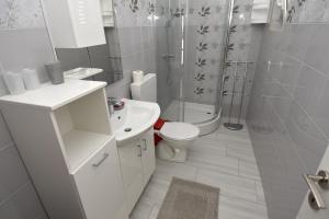 a bathroom with a shower and a toilet and a sink at Apartments Silvija near Luke beach in Murter +39 photos