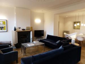 a living room with blue couches and a fireplace at Chambres d'hôtes Les Pergolas in Marcigny