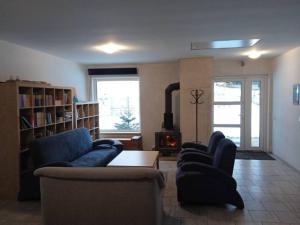 a living room with blue couches and a fireplace at Apartamenty 3D in Giżycko