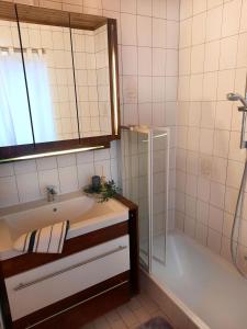 La salle de bains est pourvue d'une baignoire, d'un lavabo et d'une douche. dans l'établissement Ferienhaus Arnhof, à Heidenreichstein
