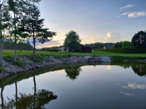 um lago com árvores e uma casa ao fundo em Ferienhaus Arnhof em Heidenreichstein