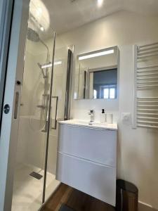 ein weißes Bad mit einem Waschbecken und einer Dusche in der Unterkunft Le Petit Albert - Coeur de ville in La Rochelle
