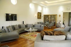 una gran sala de estar con sofás y una mesa. en Luxury Villa Narlıdere, en Narlıdere