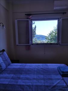 ein Schlafzimmer mit einem Bett und einem großen Fenster in der Unterkunft Eri's House 