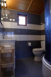 SOLAR WICIE في فيتشه: حمام ازرق وابيض مع مرحاض ونافذة