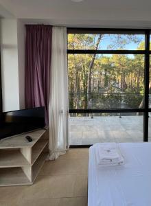 a bedroom with a large window and a television at Aparthotel Majak Shekvetili in Shekvetili