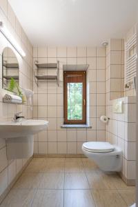 a bathroom with a sink and a toilet and a window at Willa Wieżyczki in Świeradów-Zdrój