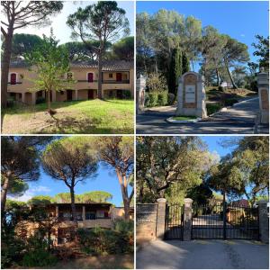 quatre photos différentes d'un bâtiment avec un arbre dans l'établissement Studio climatisé avec piscine, à Saint-Raphaël