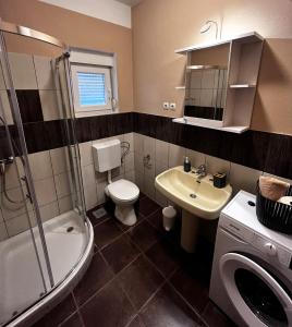 a bathroom with a shower toilet and a sink at Apartment Karma in Zadar