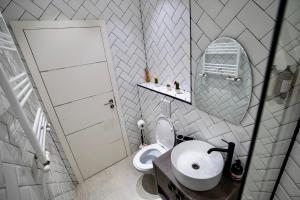 bagno con servizi igienici, lavandino e specchio di CNS Studio 1 a Năvodari