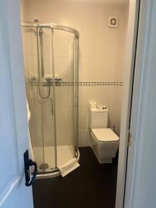 a bathroom with a shower and a toilet at Charnock Farm Motel in Leyland