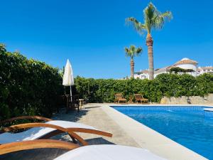 a swimming pool with chairs and a palm tree at Sea view Villa La Alcaidesa in La Alcaidesa
