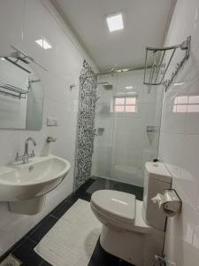 uma casa de banho com um WC, um lavatório e um chuveiro em Grace em Nuwara Eliya