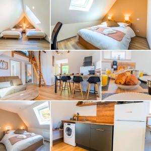un collage di foto di una camera da letto e di una camera di Le Point Sublime - Netflix/Wifi Fibre/Terrasse a Banassac