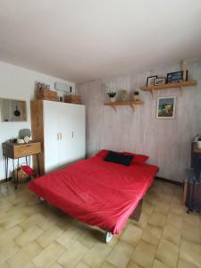 1 dormitorio con cama roja y sábana roja en Soggiorno rilassante in montagna en Riolunato