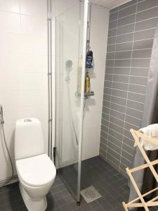 La salle de bains est pourvue d'une douche et de toilettes. dans l'établissement JATKASAARI-1 Dream stay on Helsinki seafront, à Helsinki