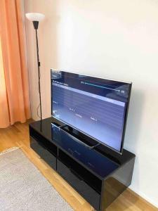 - une télévision à écran plat installée dans un centre de divertissement noir dans l'établissement LAUTTASAARI Top hideaway in Helsinki, à Helsinki