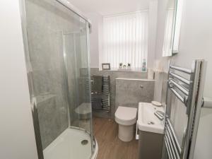 a bathroom with a shower and a toilet and a sink at Amble Watch in Morpeth