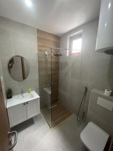 a bathroom with a shower and a sink and a toilet at Studio Rooms Moncherie in Ulcinj +59 photos