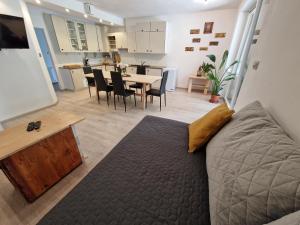 sala de estar con sofá y mesa con sillas en Medeni Apartma, en Pivka