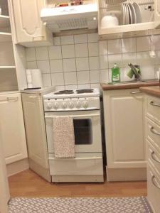 uma cozinha com um fogão branco e um lavatório em VALLILA - Helsinki sleeping beauty, 2 big rooms em Helsinque
