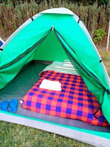 a green tent with a bed in the grass at SOFA CAMP NAIVASHA in Naivasha