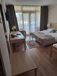 een hotelkamer met een bed, een tafel en een bureau bij Hotel Albamaris in Biograd na Moru