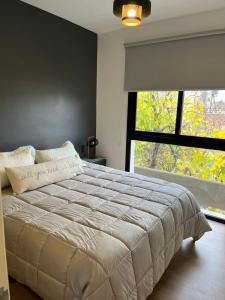 a bedroom with a large bed with a large window at Terrazas de Godoy in Godoy Cruz