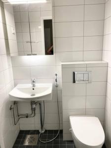 y baño con lavabo, aseo y espejo. en MELLUNMAKI Renovated 3 bedroom apt next to metro, en Helsinki