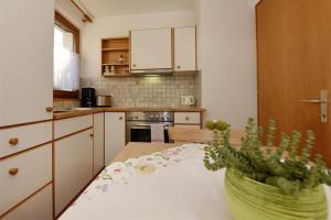 een keuken met een tafel met een plant erop bij Ferienwohnung Bitschnau Ulrike in Vandans