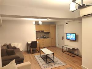 un salon avec un canapé, une table et une télévision dans l'établissement Galata World Hotel, à Istanbul