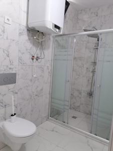 a white bathroom with a shower and a toilet at Erme Apart Evler in Dernekpazarı